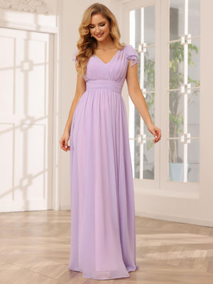 Chiffon V Neck Bow A Line Pleated Bridesmaid Dresses