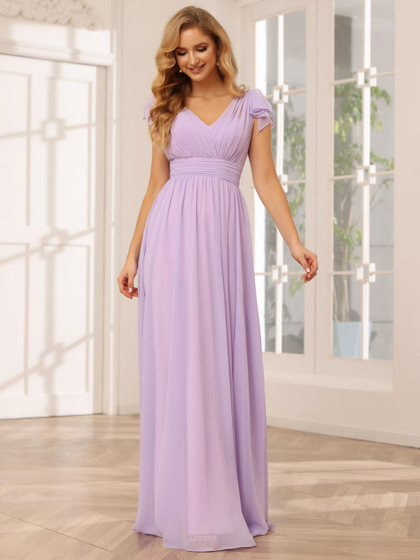 Chiffon V Neck Bow A Line Pleated Bridesmaid Dresses