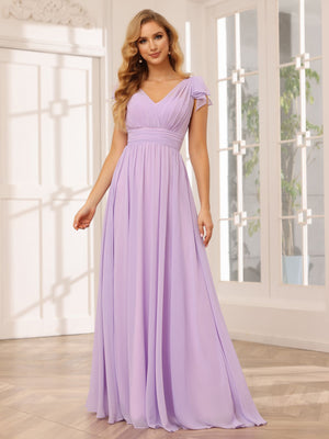 Chiffon V Neck Bow A Line Pleated Bridesmaid Dresses