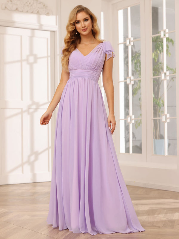Chiffon V Neck Bow A Line Pleated Bridesmaid Dresses
