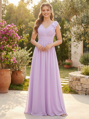 Chiffon V Neck Bow A Line Pleated Bridesmaid Dresses