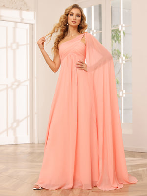 Chiffon One Shoulder Corset Pleated High Slit Bridesmaid Dresses with Cap