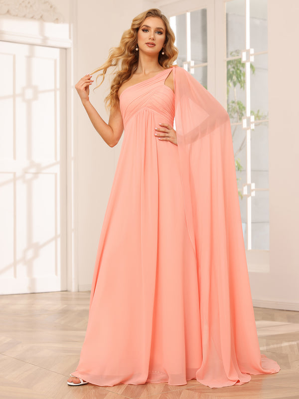Chiffon One Shoulder Corset Pleated High Slit Bridesmaid Dresses with Cap