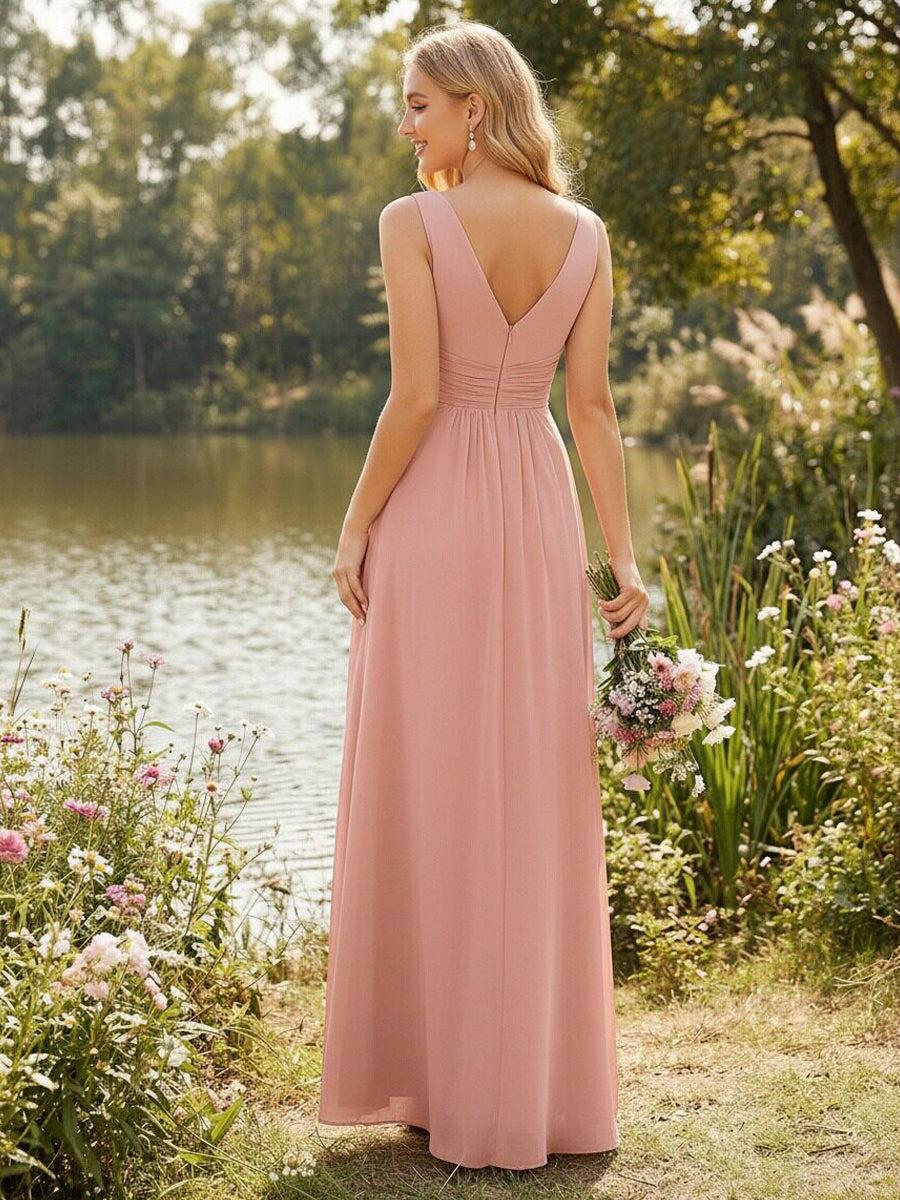 Chiffon A Line V Neck Pleated Bridesmaid Dresses for Wedding Party