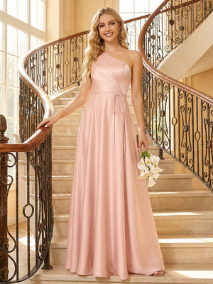 Satin One Shoulder Corset Pleated A Line Bridesmaid Dresses