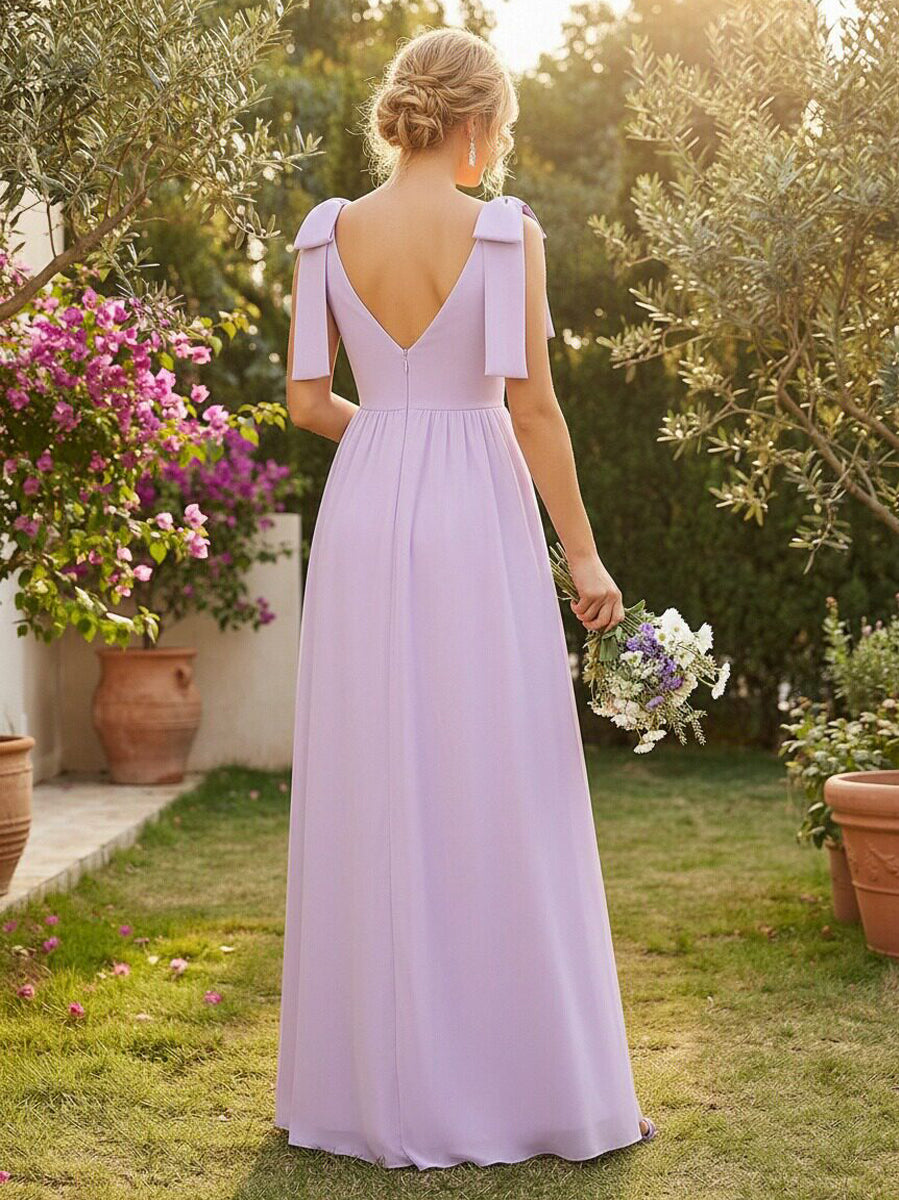 Chiffon V Neck Bow A Line Pleated Bridesmaid Dresses with Slit