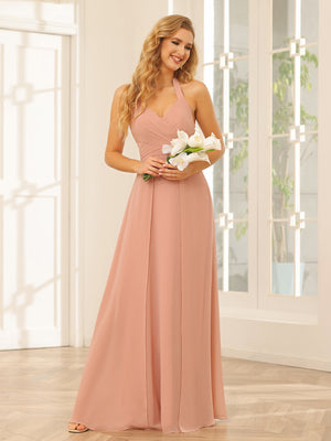 Chiffon V Neck Spaghetti Straps A Line Pleated Bridesmaid Dresses