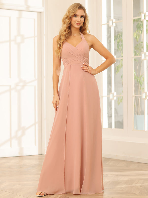 Chiffon V Neck Spaghetti Straps A Line Pleated Bridesmaid Dresses