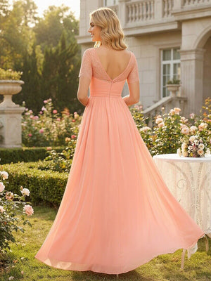 Chiffon V Neck Lace Appliques A Line Pleated Bridesmaid Dresses