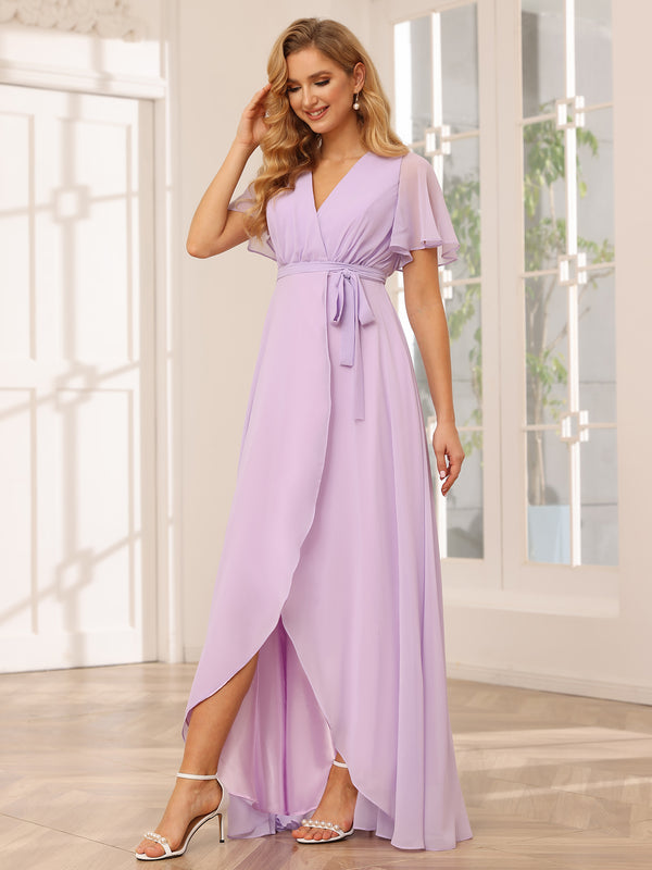 Chiffon Bow Short Sleeves A Line V Neck Pleated Bridesmaid Dresses