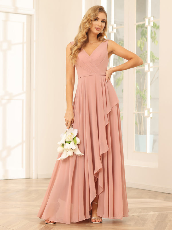 Chiffon V Neck High Low Ruffles Pleated Bridesmaid Dresses