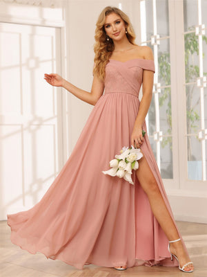Chiffon Off the Shoulder Sweetheart Pleated Bridesmaid Dresses with Slit
