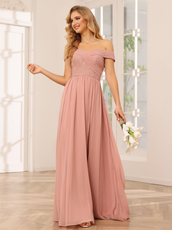 Chiffon Off the Shoulder Sweetheart Pleated Bridesmaid Dresses with Slit
