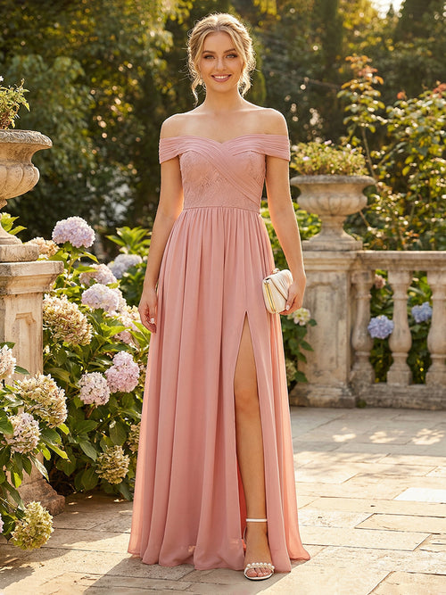 Chiffon Off the Shoulder Sweetheart Pleated Bridesmaid Dresses with Slit