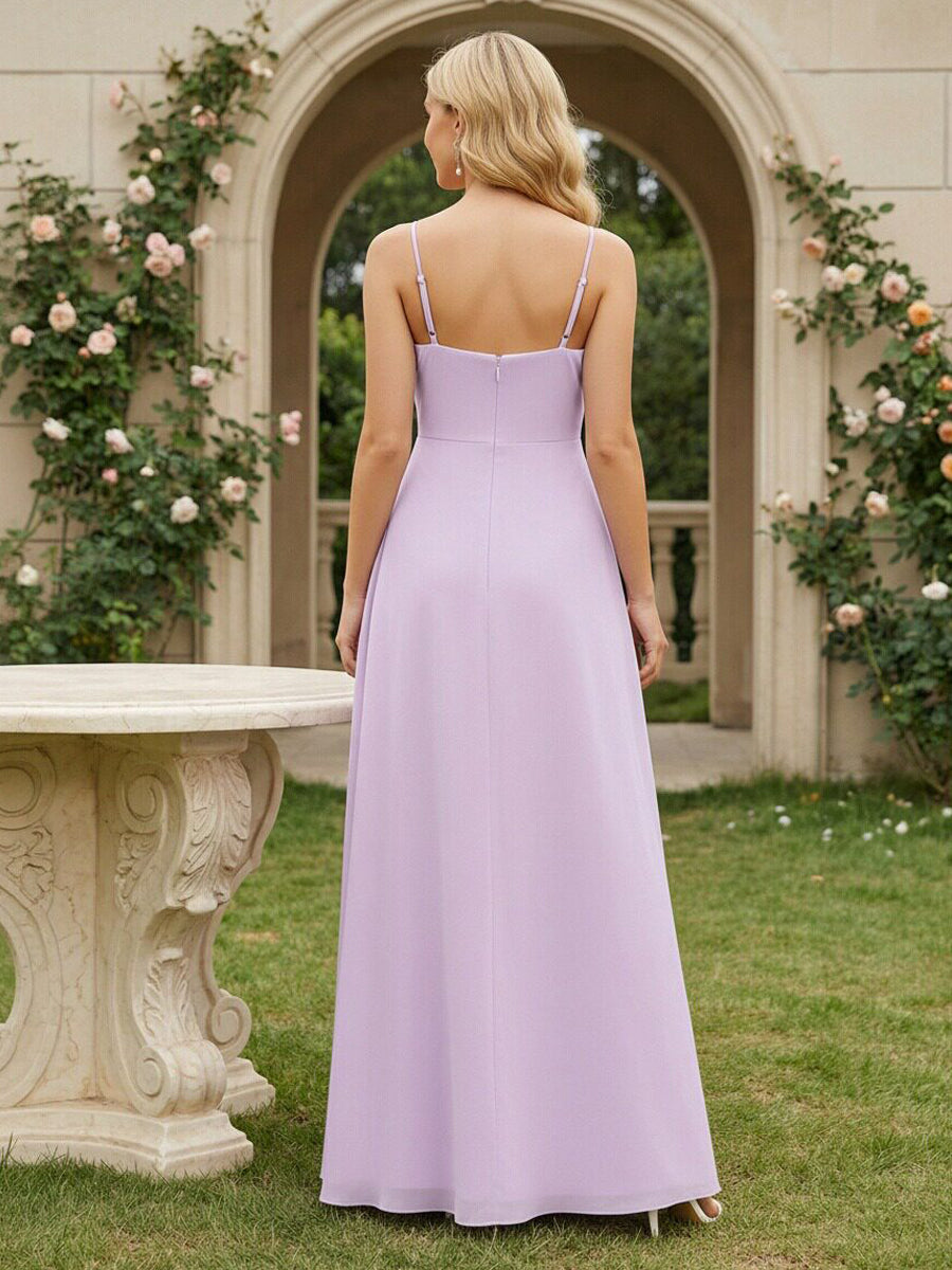 Chiffon Spaghetti Straps Ruffles V Neck Pleated Bridesmaid Dresses with Slit