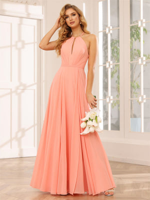 Chiffon Halter Cut Out Corset Pleated Bridesmaid Dresses with Slit