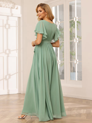 Chiffon Bow Short Sleeves A Line V Neck Pleated Bridesmaid Dresses