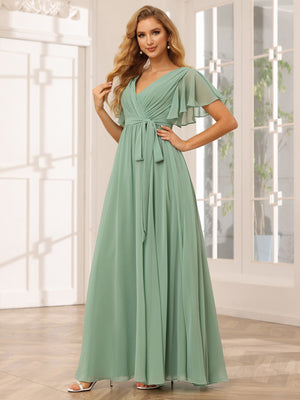 Chiffon Bow Short Sleeves A Line V Neck Pleated Bridesmaid Dresses