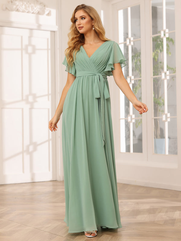 Chiffon Bow Short Sleeves A Line V Neck Pleated Bridesmaid Dresses