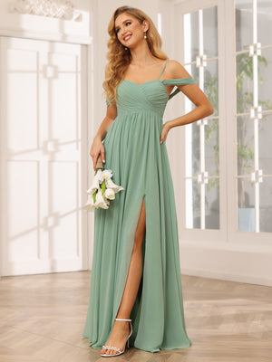 Chiffon Spaghetti Straps Off the Shoulder Pleated Bridesmaid Dresses with Slit