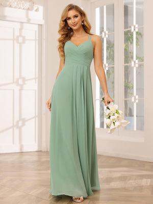 Chiffon V Neck Spaghetti Straps A Line Pleated Bridesmaid Dresses