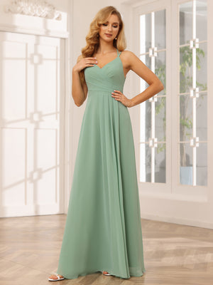 Chiffon V Neck Spaghetti Straps A Line Pleated Bridesmaid Dresses