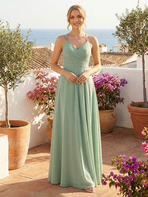 Chiffon V Neck Spaghetti Straps A Line Pleated Bridesmaid Dresses