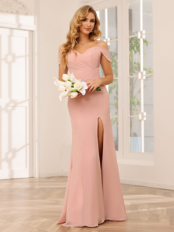 Chiffon Off the Shoulder Spaghetti Straps Pleated Bridesmaid Dresses with Slit