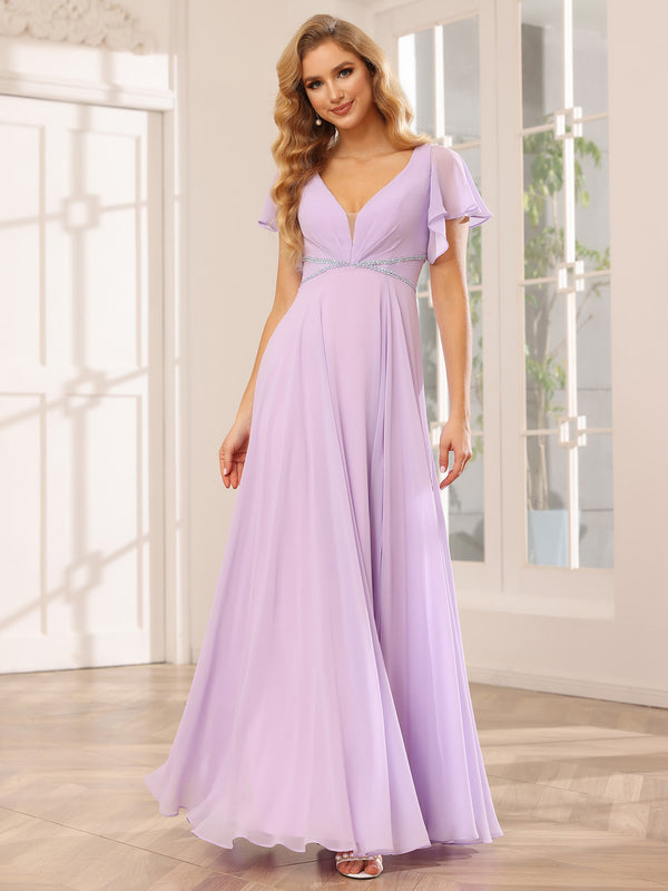 Chiffon Short Sleeves A Line V Neck Pleated Bridesmaid Dresses with Slit
