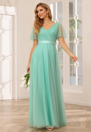 Tulle Short Sleeves A Line V Neck Pleated Bridesmaid Dresses