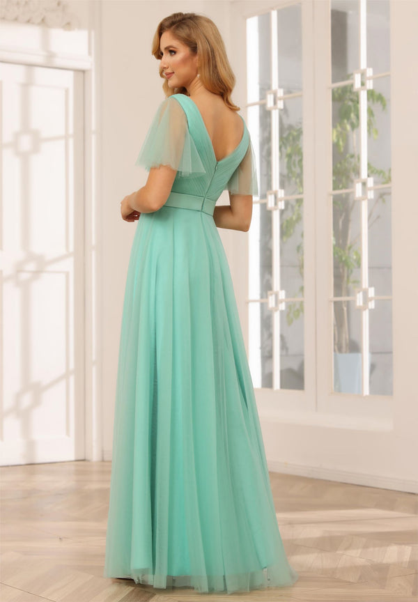 Tulle Short Sleeves A Line V Neck Pleated Bridesmaid Dresses