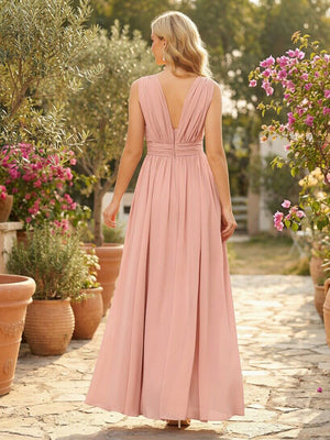 Chiffon V Neck A Line Pleated Bridesmaid Dresses with Slit