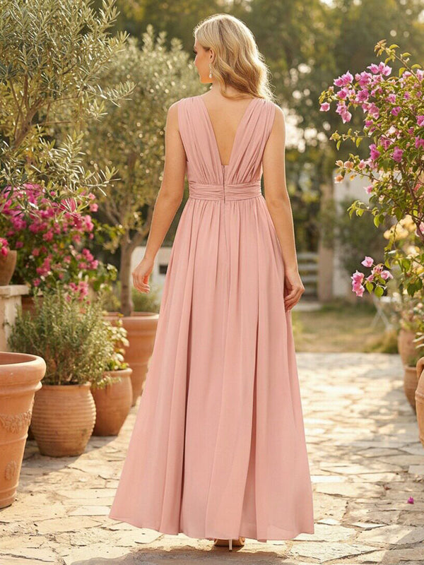 Chiffon V Neck A Line Pleated Bridesmaid Dresses with Slit