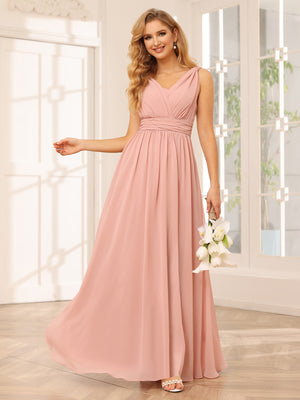 Chiffon V Neck A Line Pleated Bridesmaid Dresses with Slit