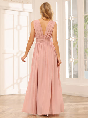 Chiffon V Neck A Line Pleated Bridesmaid Dresses with Slit