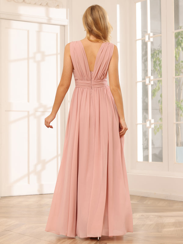 Chiffon V Neck A Line Pleated Bridesmaid Dresses with Slit