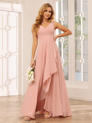 Chiffon V Neck A Line Ruffles Pleated Bridesmaid Dresses with Caps