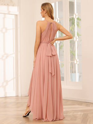 Chiffon Halter Cut Out Corset Ruffles High Low Pleated Bridesmaid Dresses