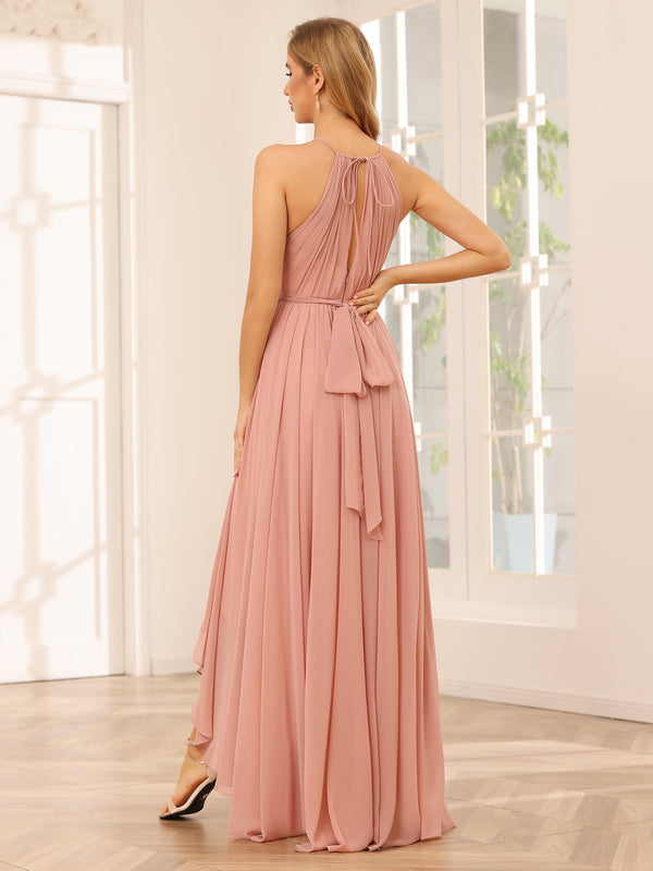 Chiffon Halter Cut Out Corset Ruffles High Low Pleated Bridesmaid Dresses