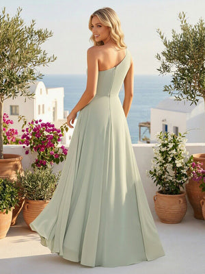 One Shoulder Chiffon Pleated Bridesmaid Dresses with Slit
