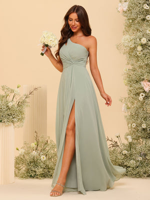 One Shoulder Chiffon Pleated Bridesmaid Dresses with Slit