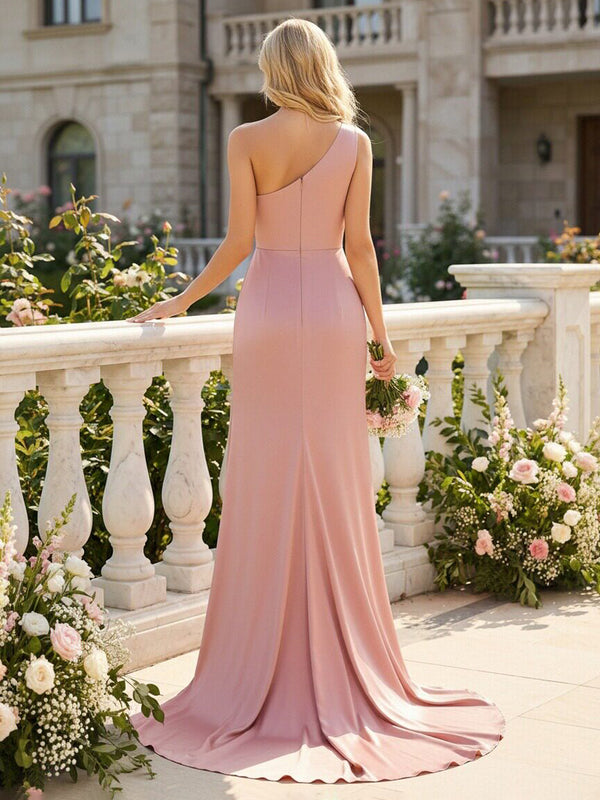 One Shoulder Pleated Satin Bridesmaid Dresses with Slit