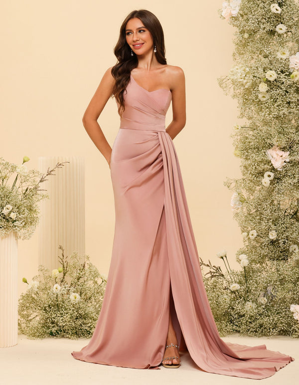 One Shoulder Pleated Satin Bridesmaid Dresses with Slit