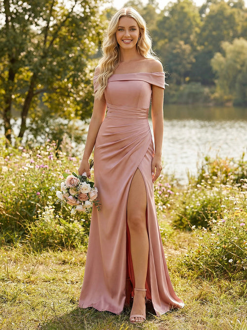 Off Shoulder Satin Pleated Bridesmaid Dresses with Slit
