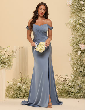 Off Shoulder Satin Bridesmaid Dresses with Pleats