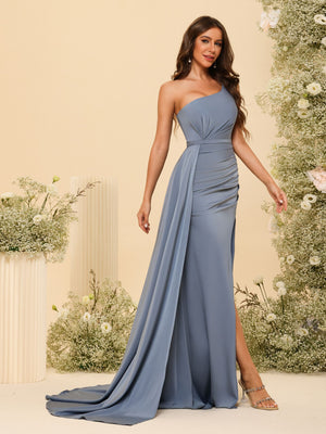 One Shoulder Pleated Satin Bridesmaid Dresses with Slit