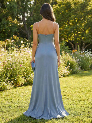 Spaghetti Straps V Neck Satin Bridesmaid Dresses with Slit