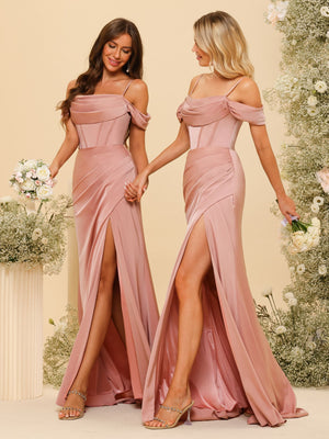 Spaghetti Straps Satin Bridesmaid Dresses with Pleats