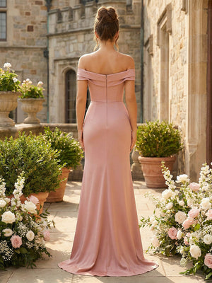 Off Shoulder Pleated Satin Bridesmaid Dresses with Slit