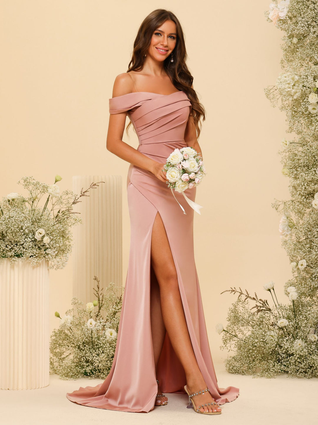 Off Shoulder Pleated Satin Formal Dresses with Slit